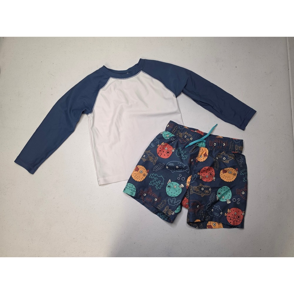 Old Navy Toddler Boys Puffer Fish Rash Guard and Swim Trunks Set Navy White 2T